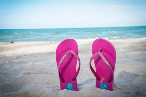 Pink slipper on the beach Stock Photos