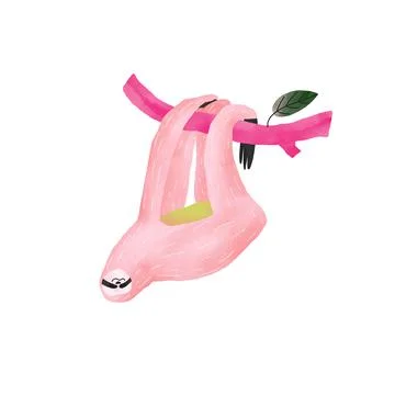 Pink sloth hanging on tree branch Stock Illustration