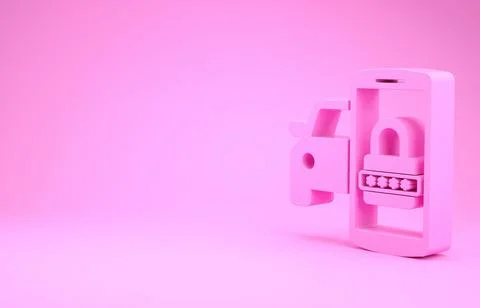 Pink Smart car security system icon isolated on pink background. The smartpho Illustrazione stock