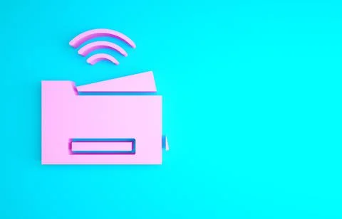 Pink Smart printer system icon isolated on blue background. Internet of thing Illustrazione stock