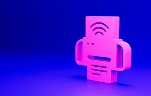 Pink Smart printer system icon isolated on blue background. Internet of things 스톡 일러스트