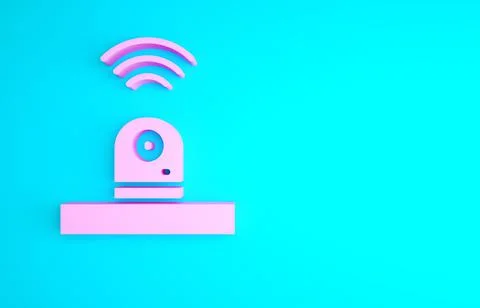 Pink Smart security camera icon isolated on blue background. Internet of thin Stock Illustration