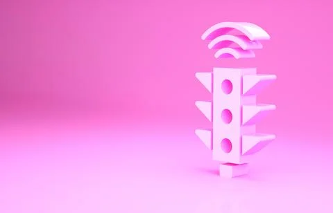 Pink Smart traffic light system icon isolated on pink background. Internet of Illustrazione stock