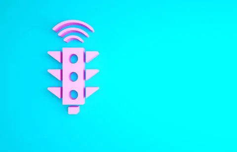 Pink Smart traffic light system icon isolated on blue background. Internet of Illustrazione stock
