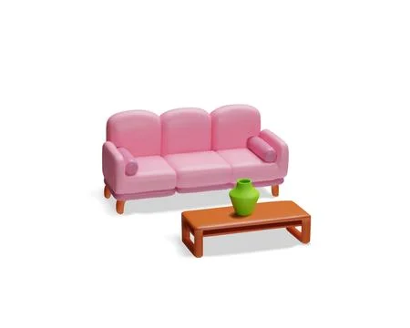 Pink sofa and coffee table 3d icon vector illustration set Stock Illustration