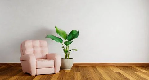 Pink sofa on empty white wall with wooden parquet floor in living room bac... Fotos de archivo