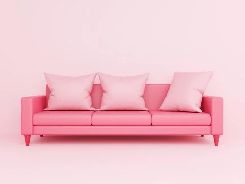 Pink sofa with pillows 3d renderings in pink wall room Fotos de archivo