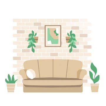 Pink sofa with table and plant in living room. Cozy interior flat cartoon vector Stock Illustration
