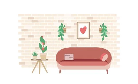 Pink sofa with table and plant in living room. Cozy interior flat cartoon vector Stock Illustration