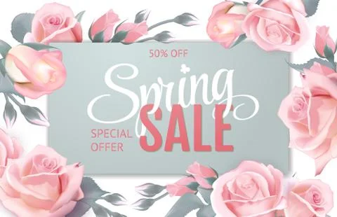 Pink soft floral background with frame and Spring Sale text, vector illustration Stock Illustration