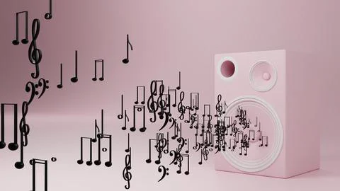 Pink speaker ejecting musical notes from its main cone on a pink background.  Stock Illustration