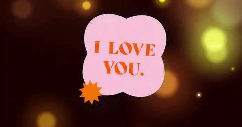 Pink speech bubble floating in gradient graphic with I LOVE YOU orange starbu Stock Illustration