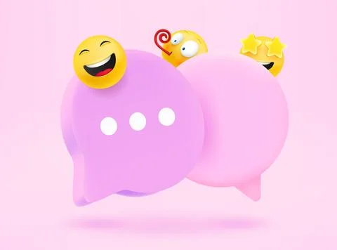 Pink speech clouds with emojis. Conversation concept. 3d vector icon Illustrazione stock