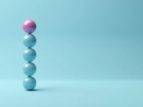 Pink sphere on stack of blue spheres on blue background, abstract modern mini Stockillustratie