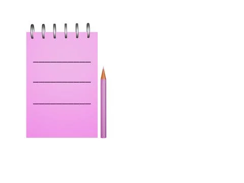 Pink spiral bound notepad with pencil on white background Stock Illustration