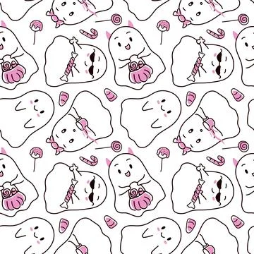 Pink spooky halloween ghost with candy seamless pattern in line art style. Great Stock Illustration