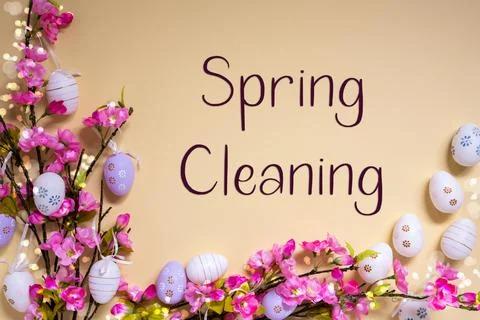 Pink Spring Flower Arrangement, Easter Decoration, English Text Spring Cleaning Stock Photos