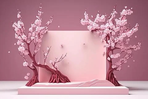 The pink square base has cherry blossoms on top. on a pink background. Prem.. Stock Illustration