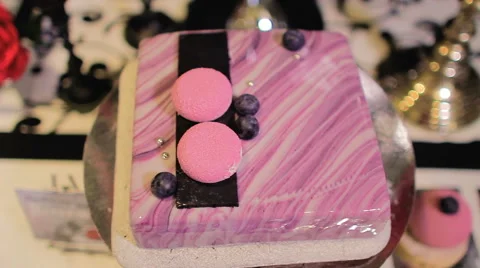 Pink Square Cake With Blueberries Stock Footage 62771111