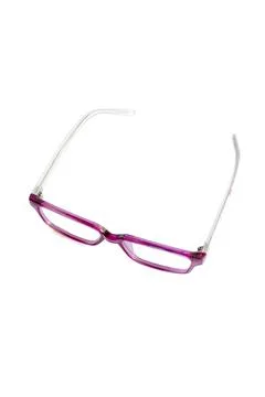 Pink square eyeglass frame in side view isolated on white background. Stock Photos