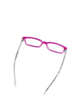 Pink square eyeglass frame in side view isolated on white background. Stock Photos