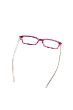 Pink square eyeglass frame in side view isolated on white background. Stock Photos