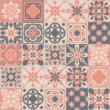 Pink square seamless pattern, spanish tiles Azulejo talavera, pastel gray vin 库存插图
