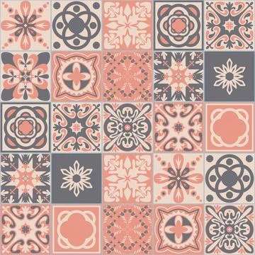 Pink square seamless pattern, spanish tiles Azulejo talavera, ornate decorati Stock Illustration
