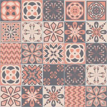 Pink square seamless pattern, spanish tiles Azulejo talavera, pastel gray vin Illustrazione stock