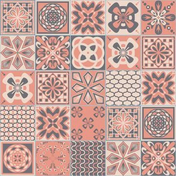 Pink square seamless pattern, spanish tiles Azulejo talavera, pastel gray dec Illustrazione stock