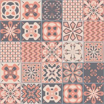 Pink square seamless pattern, spanish tiles Azulejo talavera, pastel gray vin Stockillustratie
