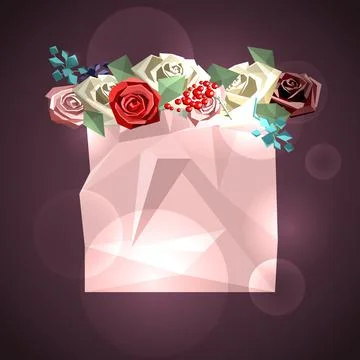 Pink squared backdrop for text and flower bouquet consisting of roses and Illustrazione stock