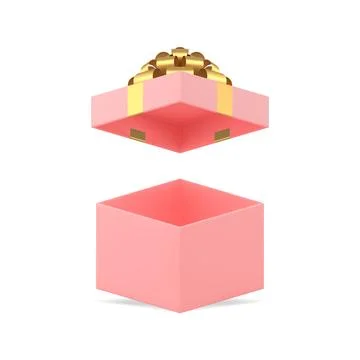Pink squared open gift box with golden bow ribbon feminine present pack 3d ic Stock Illustration