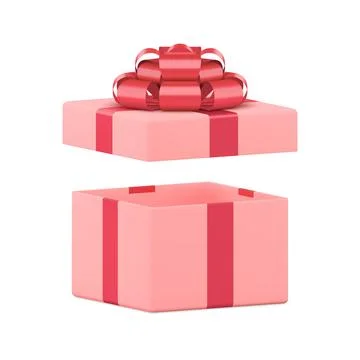 Pink squared open gift box with red bow ribbon feminine present 3d icon reali Stock Illustration