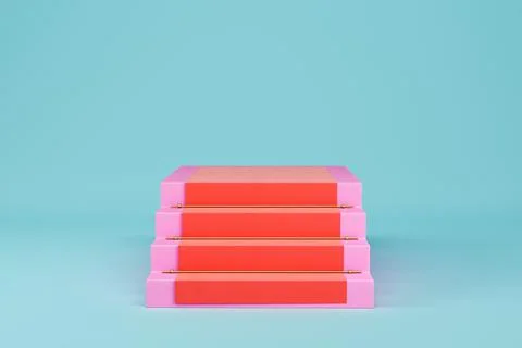 Pink stairs with red carpet on light blue background for product display Stock Illustration