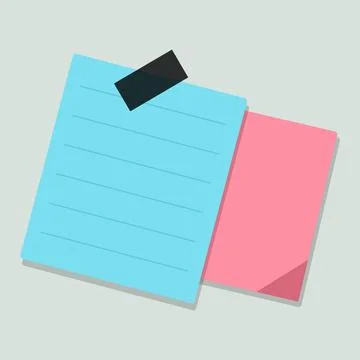 Pink sticky note attached to blue notepad with binder clip 库存插图
