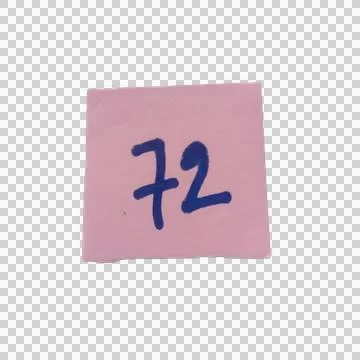 Pink sticky note with number 72 written in blue ink Stock Photos