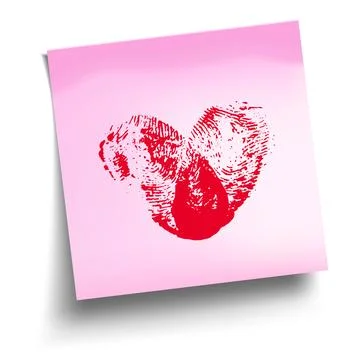 Pink sticky note with red thumbprint heart  isolated on white. Vector Stock Illustration