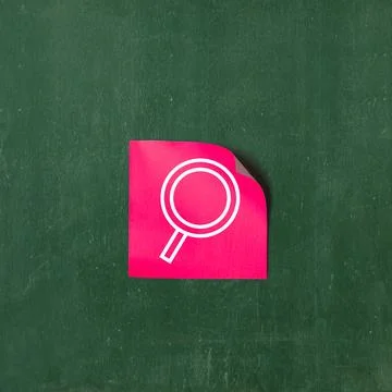 A pink sticky note with a white magnifying glass icon on a textured green c.. Stock Photos