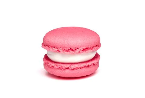 Pink strawberry or raspberry macaroon isolated on white background. French Stock Photos