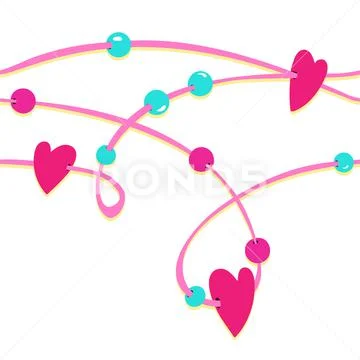 Pink string with pink red blue hearts beads on white background