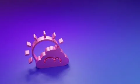 Pink Sun and cloud weather icon isolated on purple-blue background. Minimal.. 库存插图