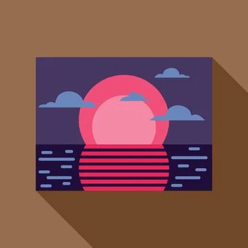 Pink sun setting over calm ocean in retro style artwork Stock Illustration