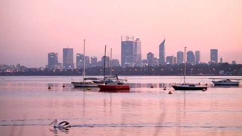 Pink Sunrise over Perth City and the Swan River Stock Footage 84048053