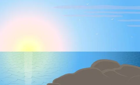 A pink sunset against the sea's surface. Dark rocks nearby, birds in the dis Stock Illustration