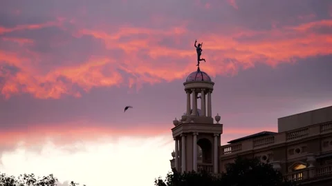 Pink Sunset Behind a Statue in the Placa de Catalunyan, Barcelona, 4K Stock Footage 210424520