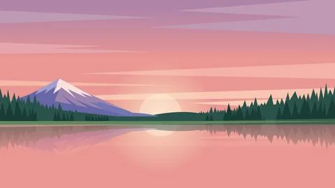 Pink Sunset Lake Flat Design Illustration Scene Stock Illustration