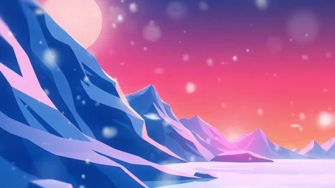 Pink Sunset on Mountain Landscape with Ice Lake and Snow Animation Unit Stock Footage 305229367
