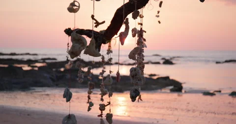Pink sunset peek through hanging coral on Thailand beach; parallax Stock Footage 265971553