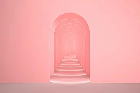 Pink surreal 3d interior render. Abstract arch corridor pastel pink background Stock Illustration